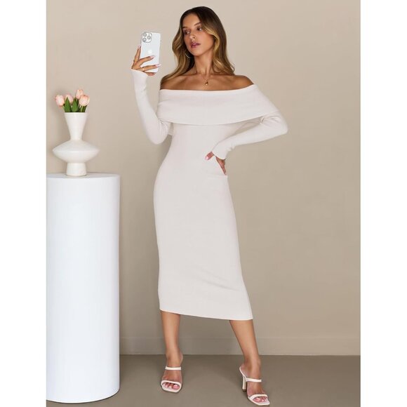Merokeety Women's White Off Shoulder Long Sleeve Elegant Bodycon Midi Dress - Picture 7 of 9